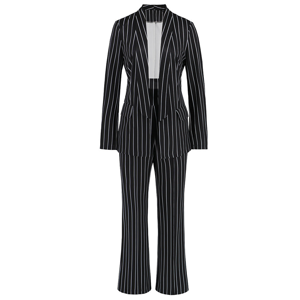 Striped Blazer Straight-leg Wide-leg Pants Suit - tasinolakia.com